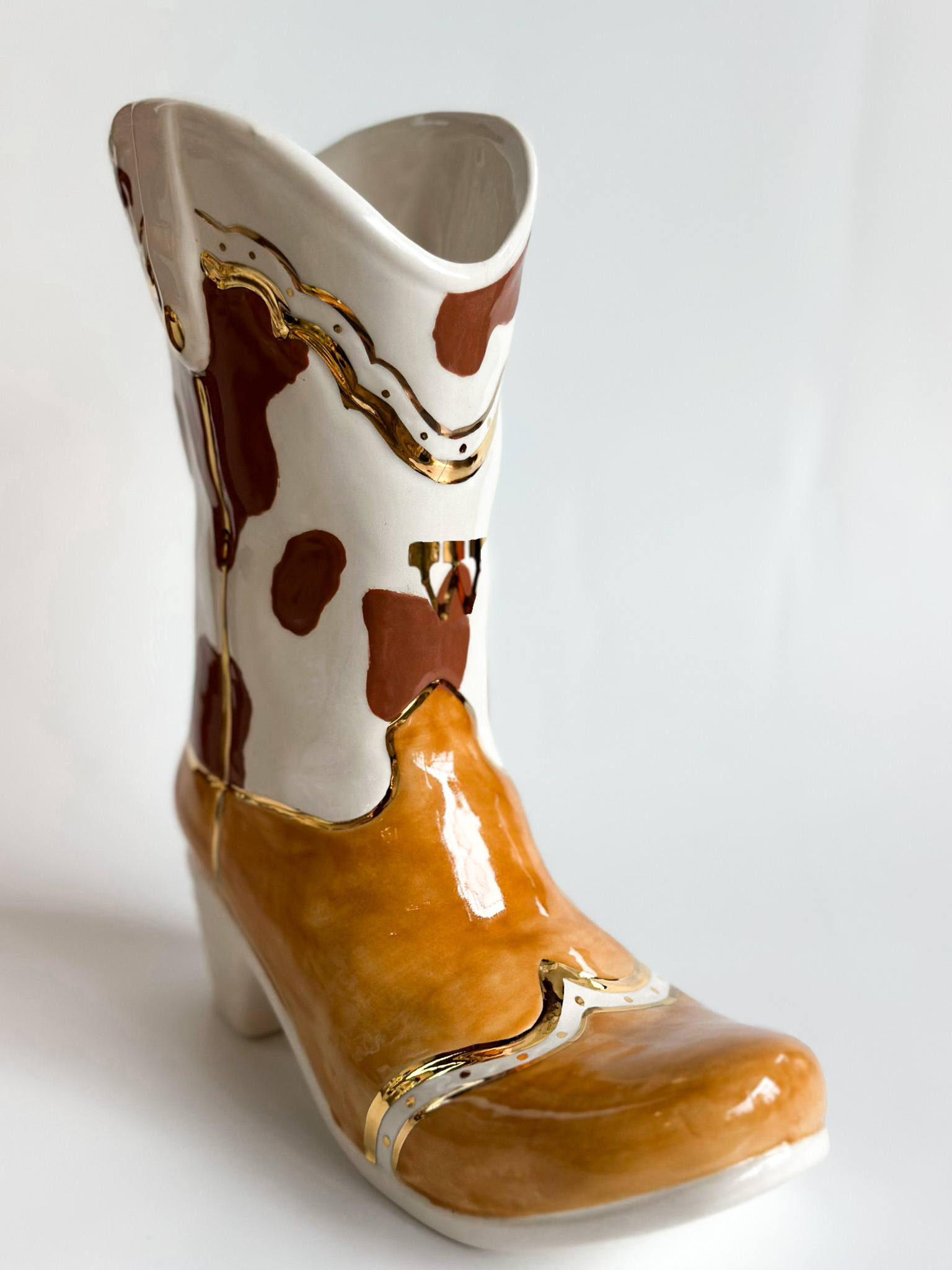 Monogrammed Two Tone Cow Print Cowboy Boot Vase