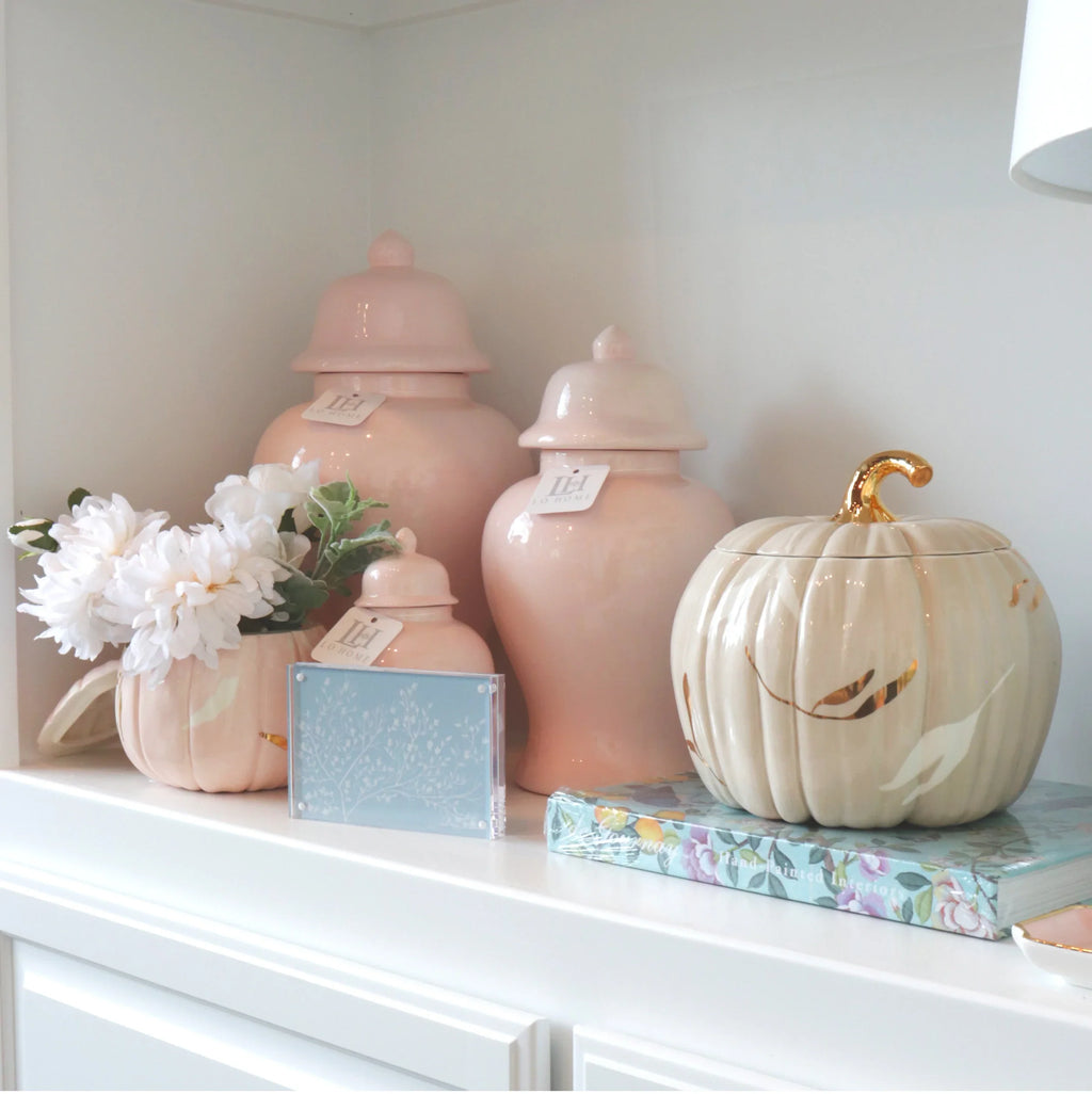 Layered Leaves Pumpkin Jars with 22K Gold Accents in Pink