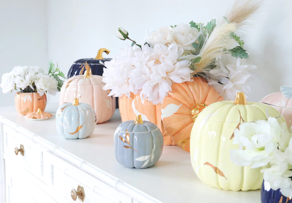 Layered Leaves Pumpkin Jars with 22K Gold Accents in Blush