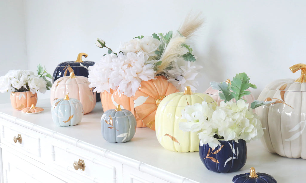 Layered Leaves Pumpkin Jars with 22K Gold Accents in Blush