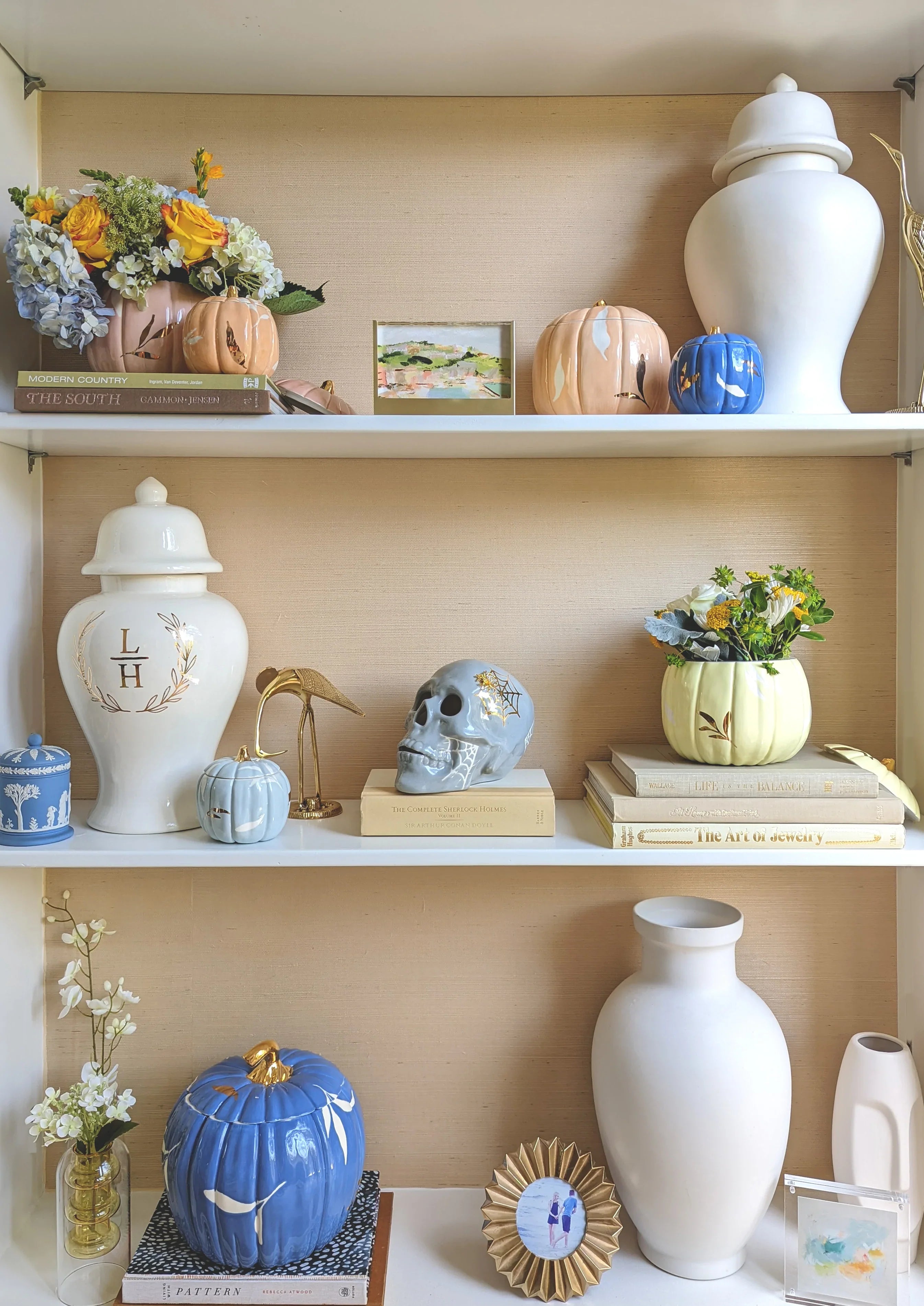 Layered Leaves Pumpkin Jars with 22K Gold Accents in Sheer Orange