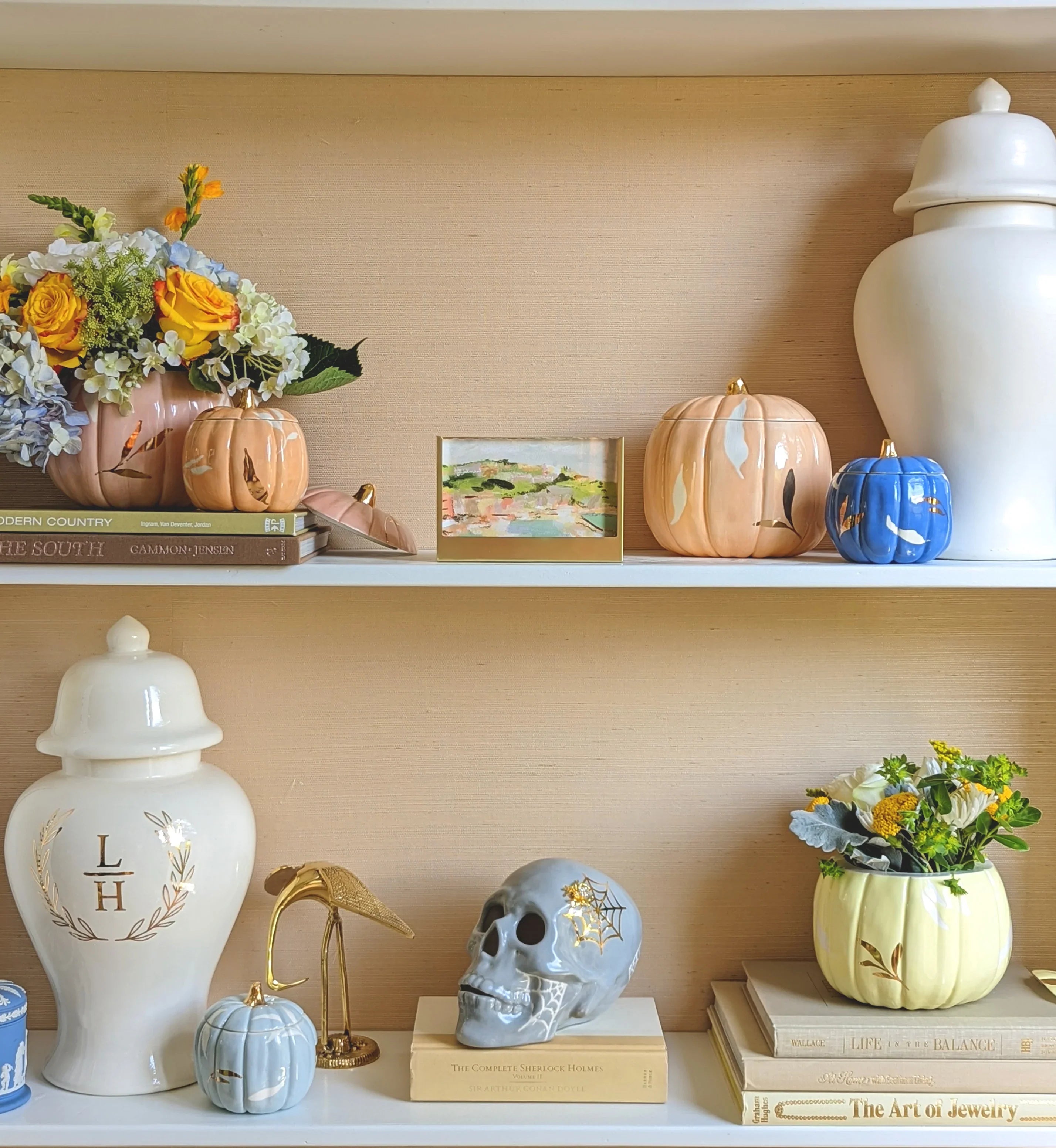 Layered Leaves Pumpkin Jars with 22K Gold Accents in Yellow