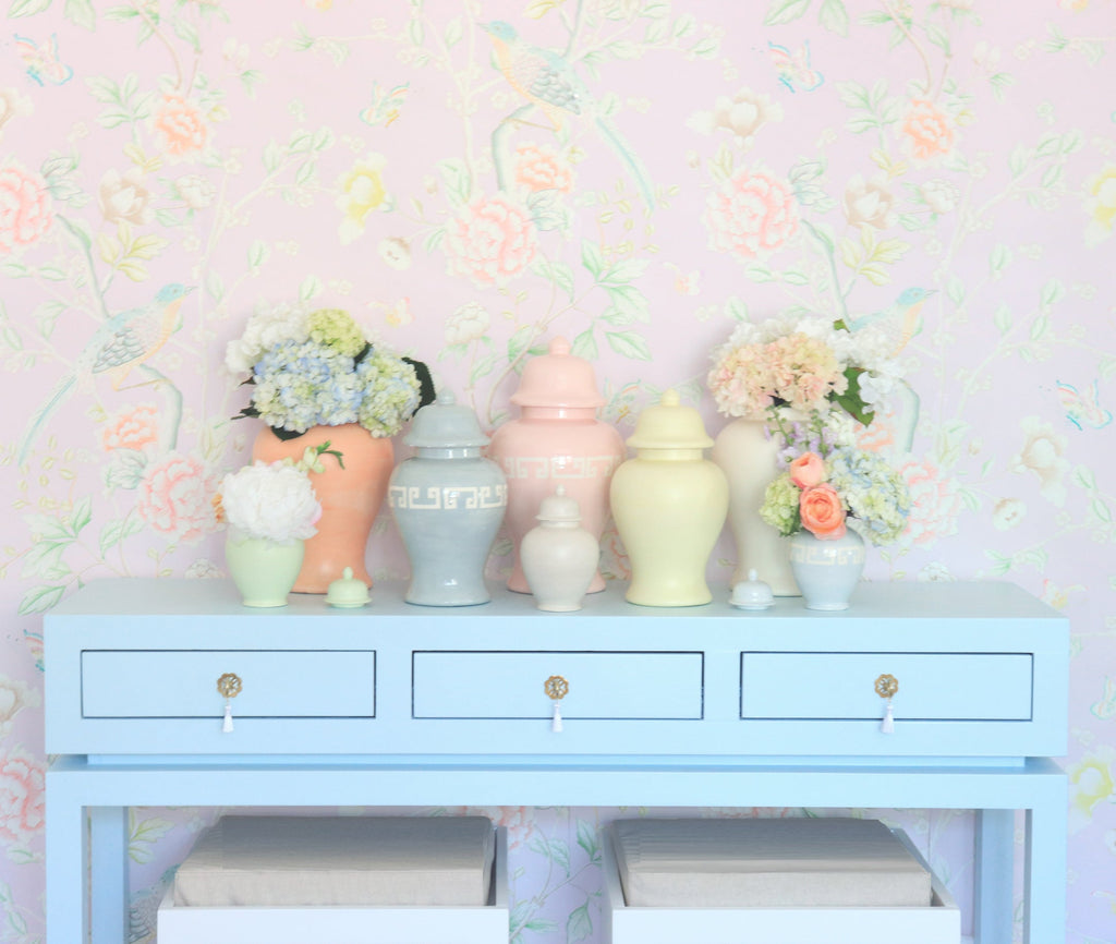 Cherry Blossom Pink Greek Key Ginger Jars