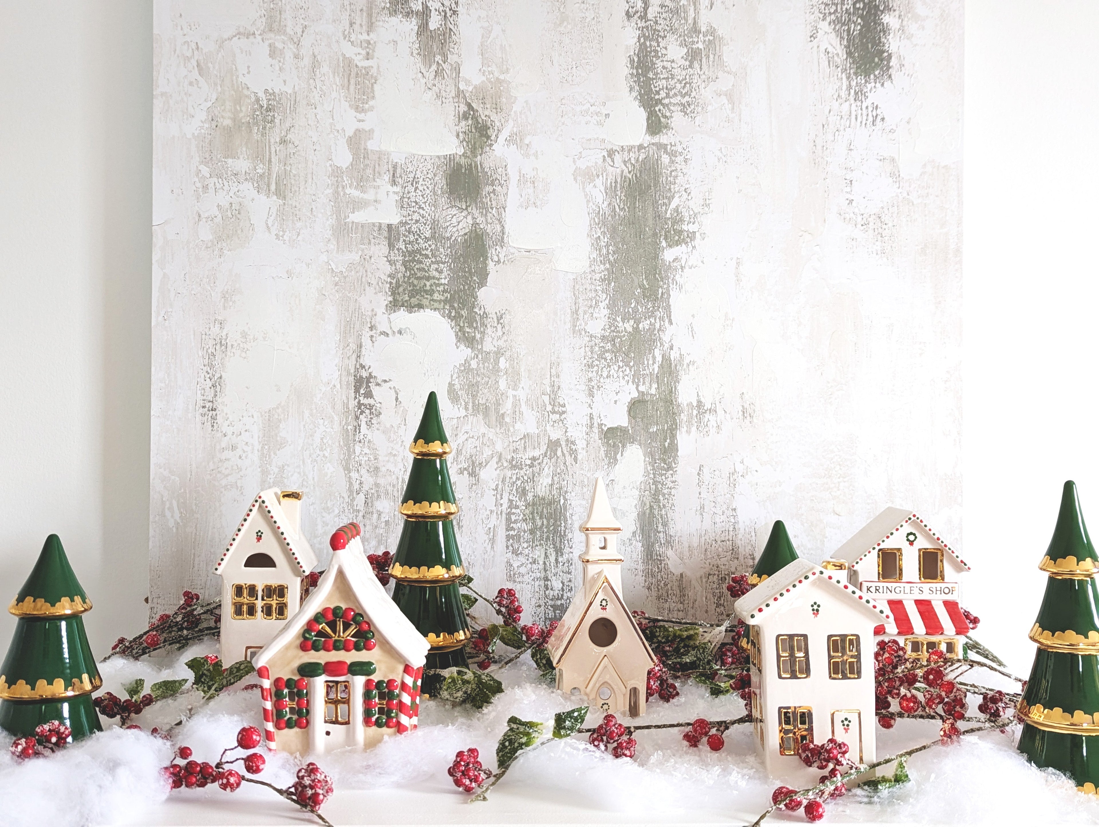 Holiday Green Tiered Christmas Trees with 22K Gold Brushstroke Accent