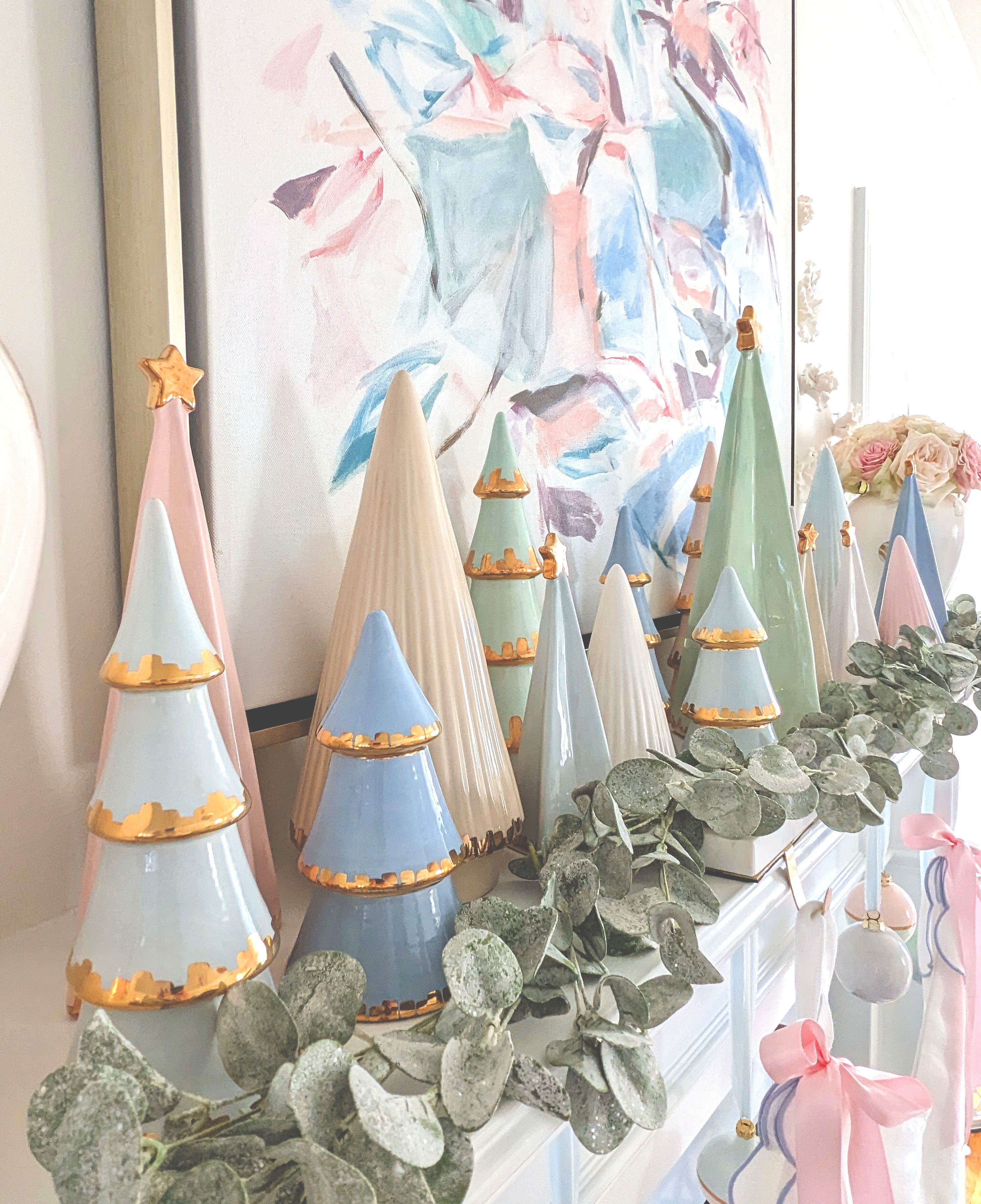 Beige Fluted Christmas Trees with 22K Gold Brushstroke Accent