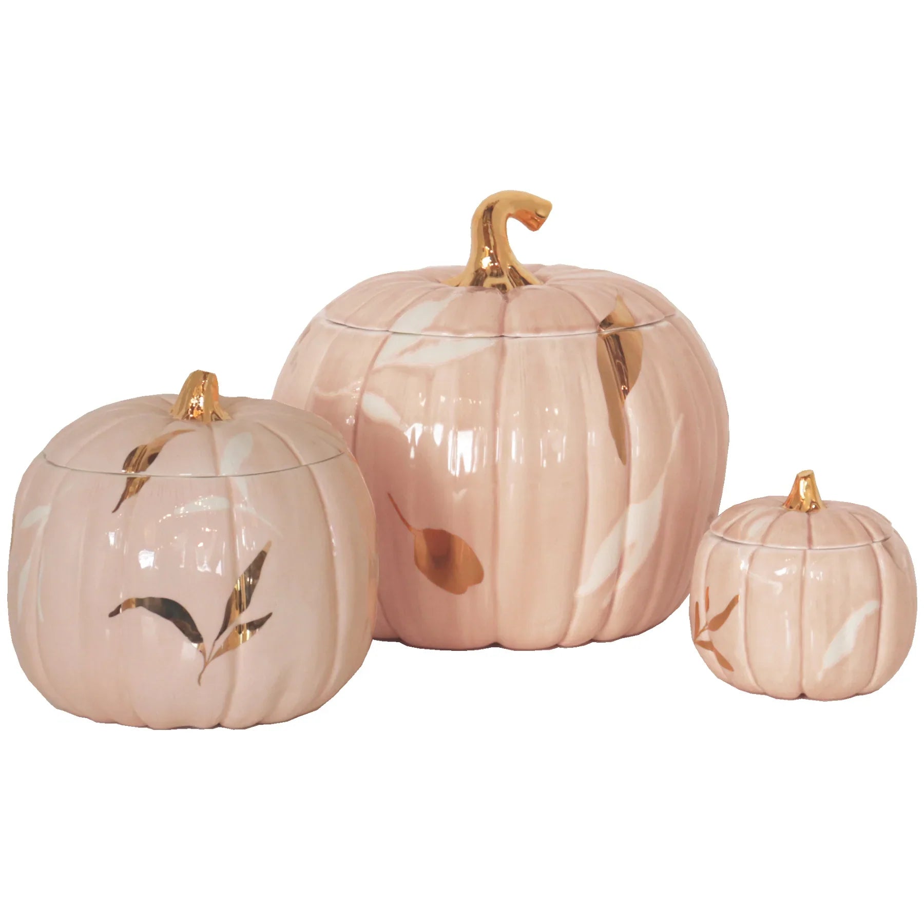 Layered Leaves Pumpkin Jars with 22K Gold Accents in Blush